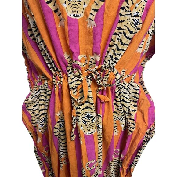 Indacorify Tiger Print Kaftan Beach Cover Up Cotton Indian Resortwear Pink - Picture 2 of 11